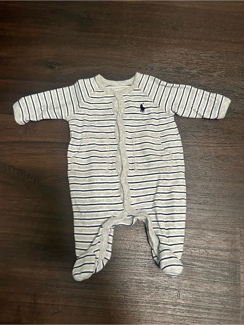 Ralph Lauren Gray & Navy Striped Footed Onesie